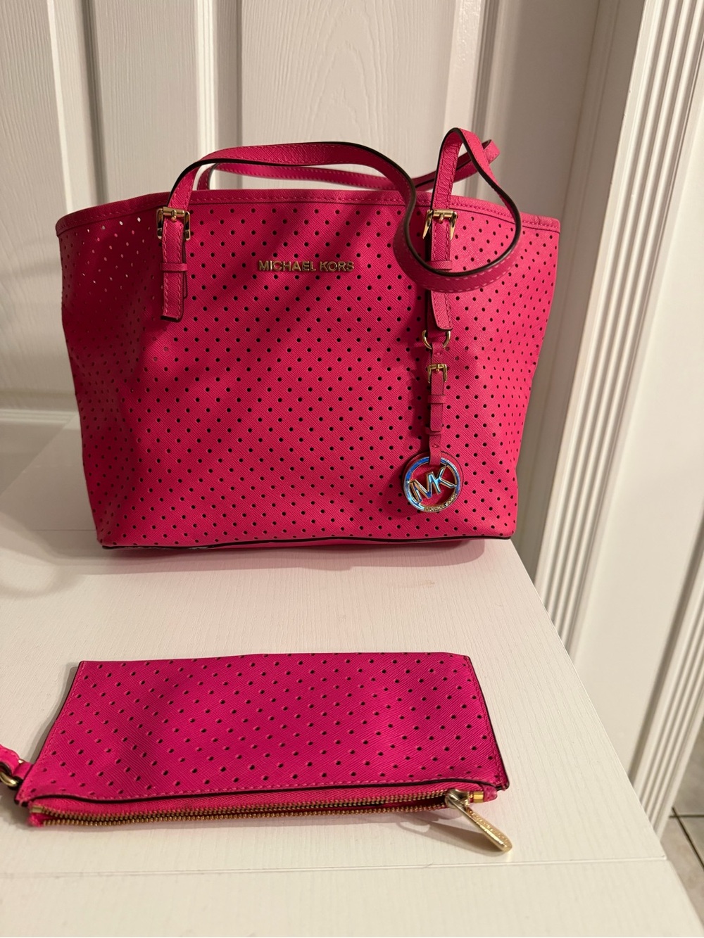 Michael Kors Hot Pink Perforated Tote with Wristlet - Picture 3 of 4